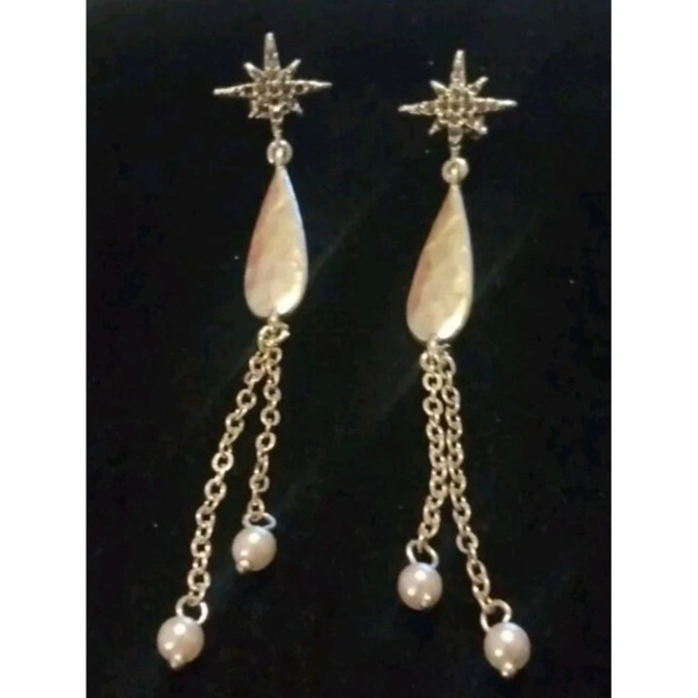 Lucky Brand Dangle Starburst Earrings Black Crystal Pearl Drop Silver Tone